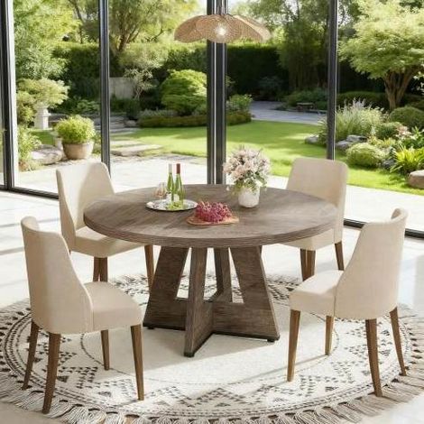 Mesa de comedor redonda 120 cm gris en madera diseñada estilo rústico (1/5)