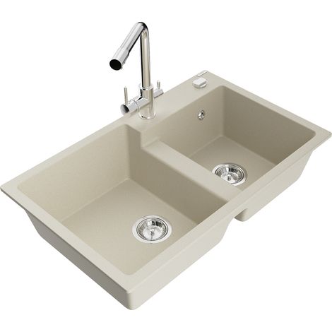Mexen Tomas évier de cuisine en granit 2 bacs avec robinet Duero, beige - 6516-69-671600-00 (1/5)