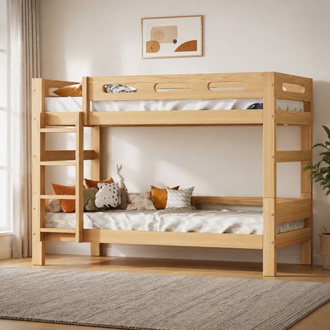 Lit superposé enfant 90x200 cm en bois et MDF naturel, séparable en 2 lits, sans matelas - CHICFURN (1/5)
