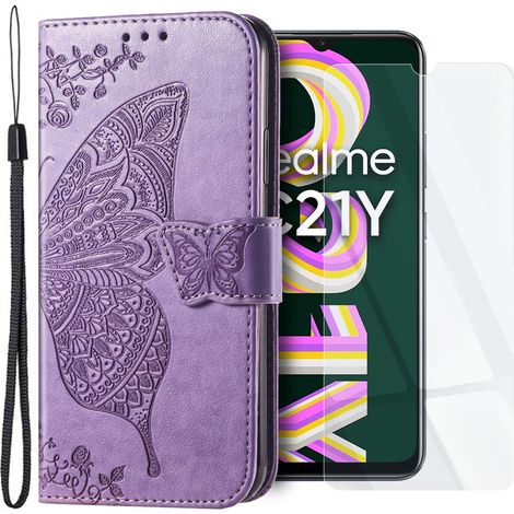 Set di custodie a libro per Realme C21Y / C25Y, farfalla, viola + vetro (1/5)
