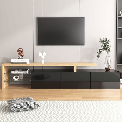Meuble TV - SOGEU - Meuble TV de rangement - Noir laqué aspect bois - Éclairage LED multicolore - Étagères en verre (1/5)