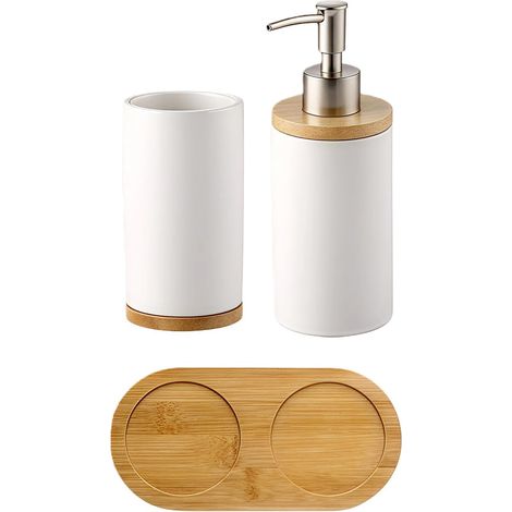 Lot de 3 Ensemble d'accessoires de Salle de Bain en Céramique, Distributeur de Savon à Main, Porte Brosse à Dents Inclus, Distributeur de Savon avec Pompe, Gobelet pour Brosse à Dents, 400ML(Blanc) (1/5)