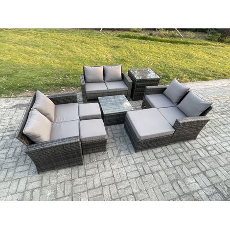 Fimous Garten Lounge Set Polyrattan Gartenmöbel Set mit Quadratisch Couchtisch Doppelsitz-Sofa 3 Hocker Beistelltische Dunkelgrau Gemischt (1/5)