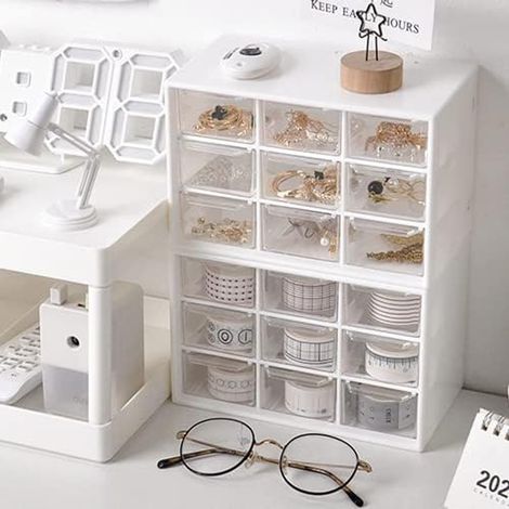 Mini organiseur de tiroirs, 18 cm x 7,5 cm. Mini organiseur de bureau à tiroirs,20 cm x 11,5 cm, avec 9 tiroirs transparents (blanc) (1/4)