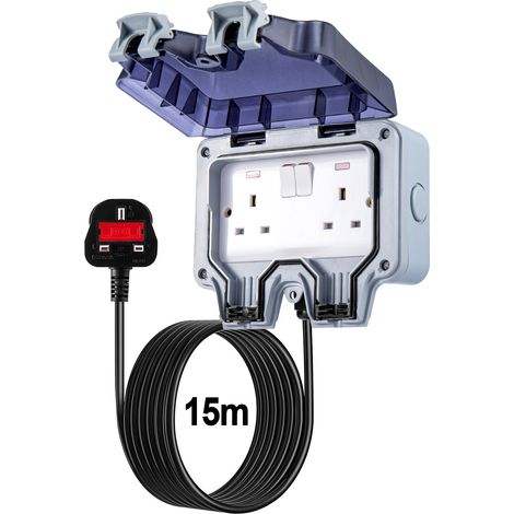 Weatherproof Inline Double Socket 15M 2 Gang IP66 Outdoor Waterproof Socket with Extension Lead 13Amp ...
