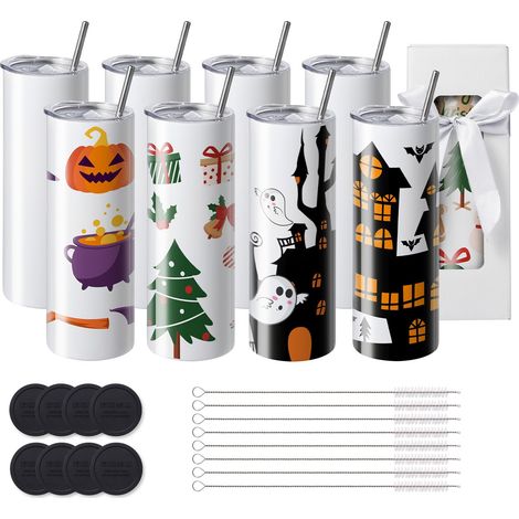 Lot Sublimation 8 Tasses Inox 591,5 ml, Double Paroi, avec Pailles, Couvercles, Brosse, Emballage Cadeau, pour Presse à Chaud (1/5)