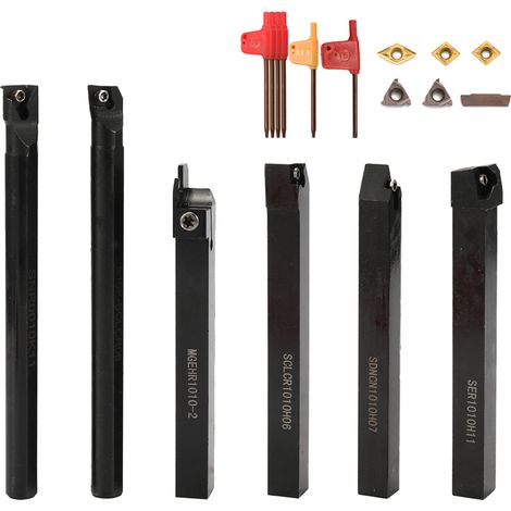 TONYSA Outils de coupe de tour, porte-outils de tournage, 6 outils de tournage, barre d'alésage de 10 mm, outils de tournage en métal avec plaquettes en carbure, alésage et découpe de rainures et de f (1/5)