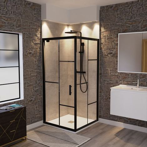 Cuisibane – Paroi de douche d'angle pivotante 90x90 – Verre trempé 6mm anticalcaire – Cadre noir mat – Hauteur 190 cm – Étanchéité brevetée (1/2)