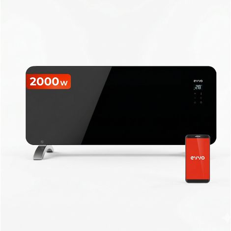 Radiador eléctrico EVVO C2000 Cristal, Wifi, 2.000W, Pantalla táctil, Mando a distancia, Temporizador, soporte de pie, Seguridad sobrecalentamiento, Eficiente y silencioso, antisalpicaduras