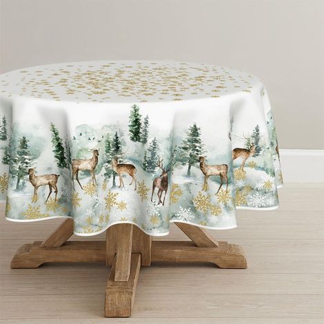 Runde Tischdecke 120 cm mit goldenen Schneeflocken und Rentieren, fleckschützend