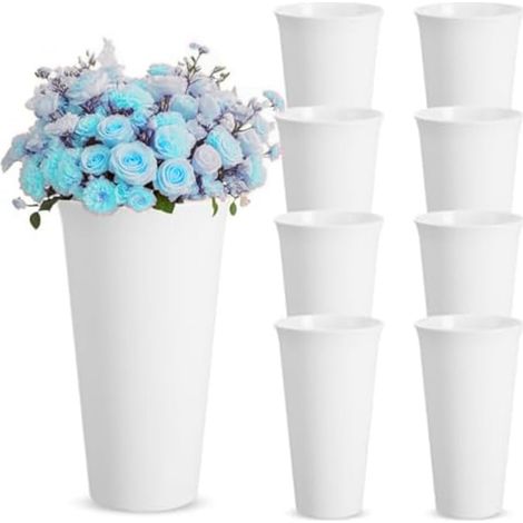 Seaux à fleurs en plastique blanc de 24 cm pour mariages, vases ronds robustes pour la décoration intérieure, les fêtes et les événements - Lot de 8 (1/5)