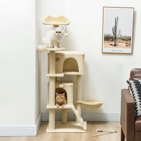 140 cm hoher Katzenkratzbaum mit Plattformen, Bett, 2 Höhlen, Hängematte, Leiter und beigefarbenen Sisalstämmen