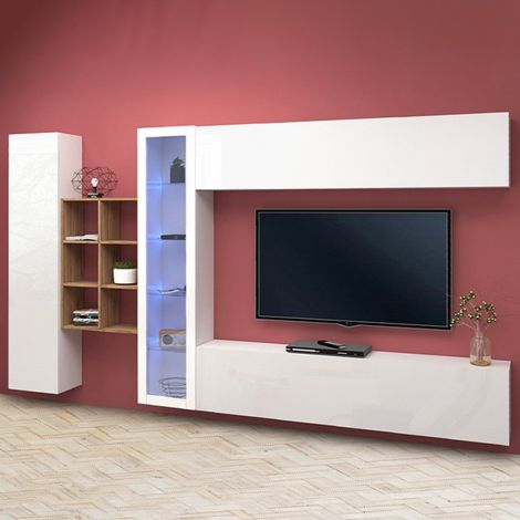 Parete Attrezzata Moderna per Soggiorno 320x30x180cm - ECHO - Colore: bianco laccato lucido (1/5)