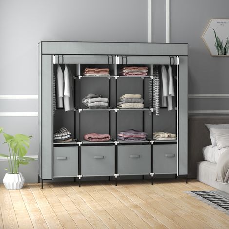 Armoire en tissu avec portes, 2 tringles pour vêtements, 10 compartiments, grise (1/5)