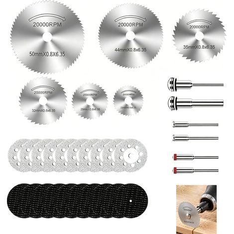 32 Pièces Disque Diamant Outil Rotatif, Lame Scie Circulaire Mini, Tronçonner Disques Résine HSS avec Mandrin 3 mm, Coupe pour Bois Métal Plastique Pierre Verre, Compatible Outils Rotatifs (1/5)