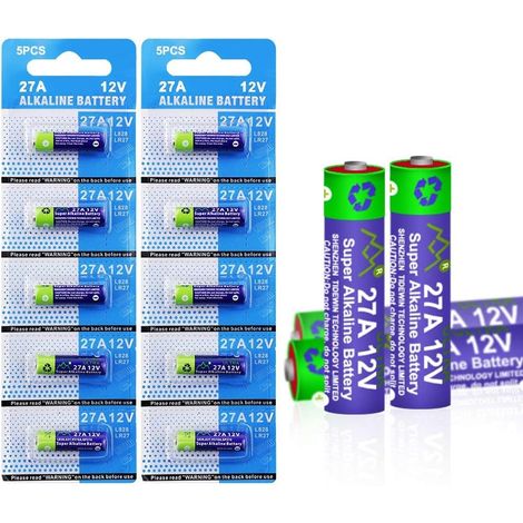 Lot de 10 Piles alcalines 27 A 12 V - Haute Tension - 27 A - 12 V - Mini V27A LR27A MN27 L828 A27-12 V - Durée de Vie de 3 Ans (1/5)