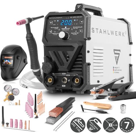 Saldatrice ad arco schermata a gas STAHLWERK 2 in 1 Combi DC TIG 200 ST - completamente equipaggiata - funzione TIG e MMA (E-Hand/ARC) fino a 200A, accensione HF, Hotstart, Anti-Stick, acciaio, acciai