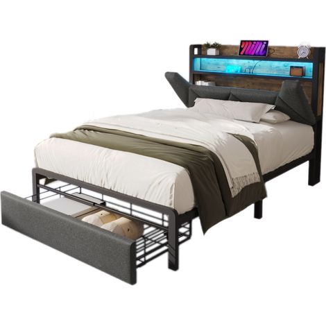 Bett mit Schublade 90 x 200 cm aus Leinen, Einzelbett mit Schublade, Kopfteil mit Stauraum, LED-Bettrahmen, Matratze Inklusive, Grau (1/5)