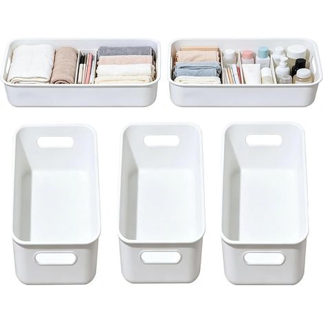 Bac de Rangement Cuisine Étroit, Lot de 5 Paniers de Rangement en Plastique avec Poignée, 25,6 x 10 x 9,5 cm, Boîtes Organisatrices Blanches pour Cuisine, Salle de Bain, Bureau (1/5)