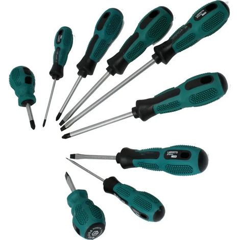 Jeu de 9 Tournevis Cruciformes et Plats en Chrome Vanadium Magnétiques Ergonomiques (1/3)