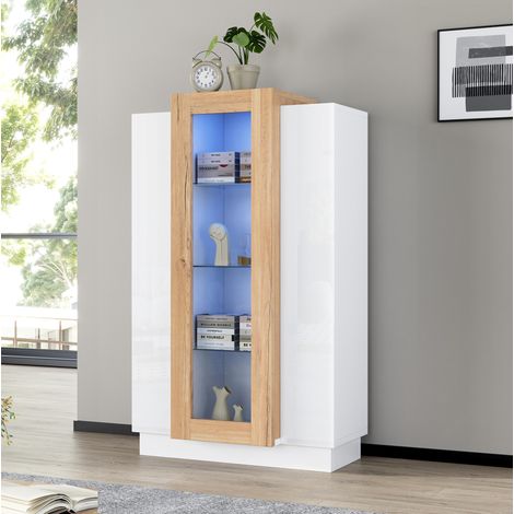 Vitrina de salón 74x40x120 cm blanca y natural en tablero de partículas con LED, 3 puertas y baldas de vidrio (1/5)