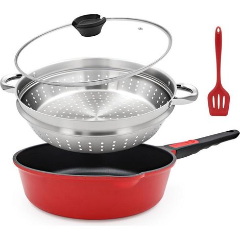 Pfanne 28cm mit Deckel, 4-teilig, Antihaft, abnehmbarer Griff, ofenfest, Rot
