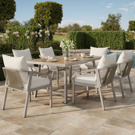 Salon de jardin 6 pers. beige/kaki, table + 6 chaises, plateau bois, piètement acier zingué, corde tressée, rotin synthétique (1/5)