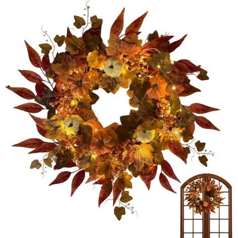 Couronne Porte Automne Guirlande De Récolte Artificielle Déco Halloween Couronne Automnale Artificielle Citrouilles Feuilles Érable Pour Manteau De Cheminée, Porche, Thanksgiving, Récolte, Maiso (1/5)