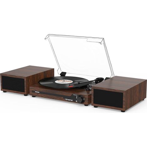 Platine Vinyle avec 2 Haut-parleurs Stéréo Doubles, Vintage Tourne-disqu Bluetooth 5.3 Prend en Charge 3 Vitesses, Entrée Auxiliaire, Ligne RCA, USB, Lecture sans Fil, Noyer (1/5)