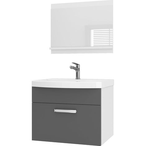BELINI Meuble de Salle de Bain PRI M1 60 cm - Meuble avec Vasque Céramique + Miroir avec Étagère - Suspendu - Gris Mat (1/5)