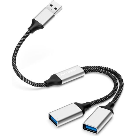 Câble répartiteur USB, adaptateur répartiteur USB A 1 entrée 2 sorties, hub double port pour transfert de données/chargement, rallonge supplémentaire pour voiture/ordinateur portable/Mac/PC (argent) (1/5)