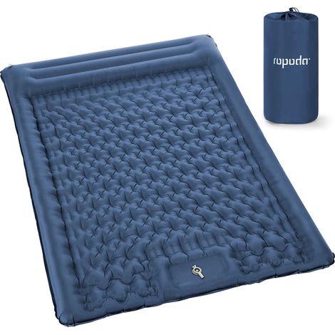 Matelas de camping, ultra léger avec oreiller, pompe à pied intégrée, lit double imperméable avec sac de transport pour randonnée, voyage, bleu (1/5)