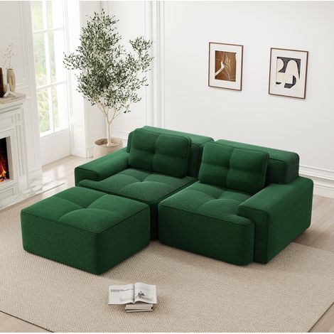 Canapé modulable assise 74 cm vert en velours côtelé avec dossier courbé et base antidérapante (1/5)