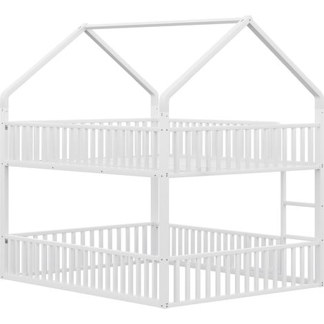 Cama litera infantil de metal blanco 140x200 con escalera y puerta abatible (1/5)