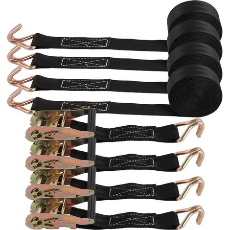 Lot de 4 sangles d'arrimage avec cliquet et crochet, 3000 kg, 6m x 38mm, Noir