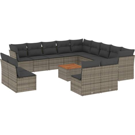 Salon de jardin avec coussins 14 pcs gris résine tressée (1/3)