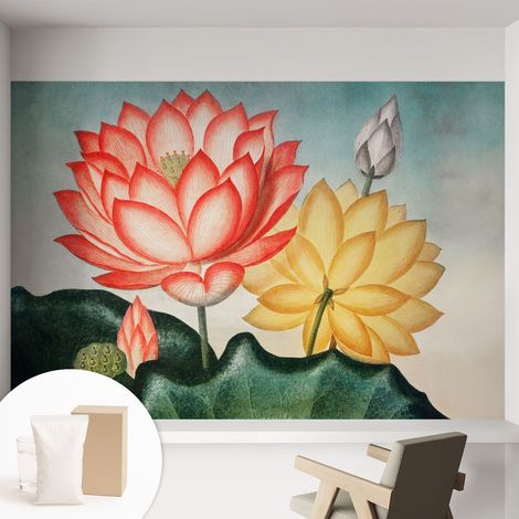 Papier peint intissé à motifs décoratifs pour salon chambre et bureau Décoration murale élégante avec colle Fleurs de lotus 152x104 cm (1/5)