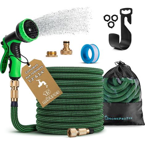 Tuyau d'arrosage extensible de 15 m - Tuyau d'arrosage réglable avec adaptateurs 1/2 pouce et 3/4 pouce (19 mm et 13 mm), 9 modes d'arrosage, en latex triple épaisseur résistant avec raccords en laito (1/5)