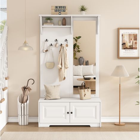Mobile da ingresso con specchio, 5 ganci, 2 armadi e ripiano, 100 x 40 x 180 cm OKMYHOME (1/5)