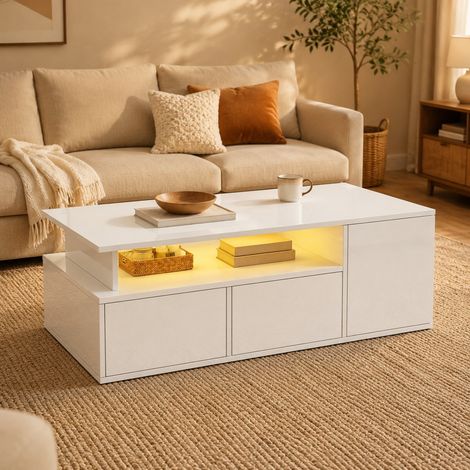 Mesa de centro 100 x 50 x 35 cm con LED, 2 cajones, almacenamiento de 3 niveles, blanco HAVRYA (1/5)