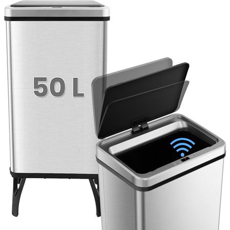 COSTWAY Poubelle Cuisine Automatique 50L en Acier Inox avec Cerclage, Poubelle Sur Pieds Détachables, Capteur Fermeture Automatique Douce, Anti-Empreintes, Interrupteur (Argent) (1/5)
