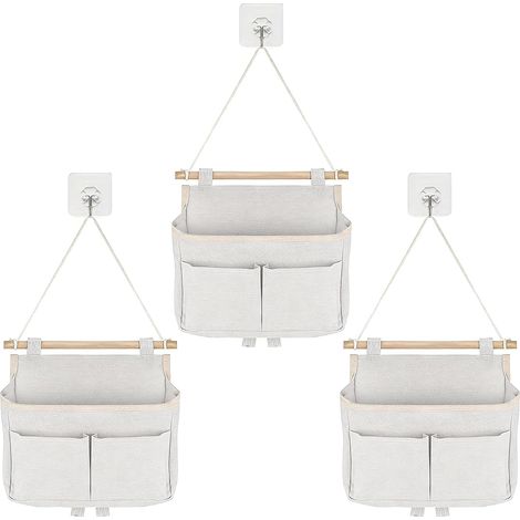 3 Pièces Sac de Rangement Suspendu Sac De Rangement Mural Tissu Lin Pliable Sac Suspendu de Rangement avec Poche et Crochets pour Chambre Bureau Salle de Bain Cuisine (Beige) (1/5)