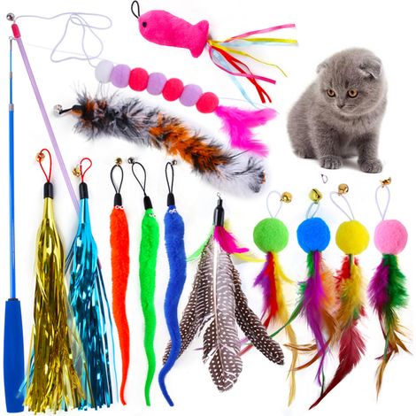Set di giocattoli per gatti: testa di bruco intercambiabile con piume, pompon colorato, canna da pesca retrattile, divertente bacchetta per gatti (14 pezzi).