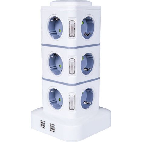 Tour Multiprise, 12 Prises Multiprise Electrique (2500W / 10A) avec 4 Ports USB, Multi Prises électriques Parafoudre Multiprise Verticale pour Maison Bureau, Rallonge 3M (1/4)