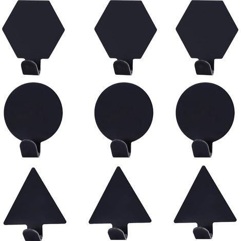 9 ganchos autoadhesivos para pared, ganchos adhesivos negros para baño y cocina (tres formas). (1/5)