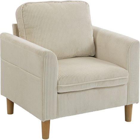 Fauteuil de salon velours côtelé beige 83x74x87cm – Canapé 1 place rembourré, assise large, coussin à ressorts