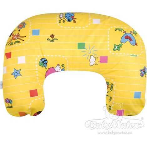 Cuscino di posizionamento MiniRELAX in cotone a forma di croissant, 140 cm, giallo, con motivo animali.