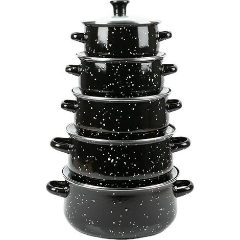 Ensemble 10 Pièces Marmites et Cocottes Émaillées HG04128, Noir (1/5)