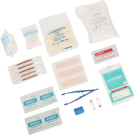 Trousse de premiers secours pour le camping et les voyages : lingettes humides, pommade pour brûlures, cotons-tiges, pansements, lingettes de soin. (1/5)