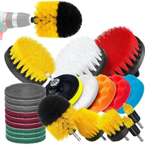 Lot de 23 embouts de brosse universels pour perceuse-visseuse sans fil avec 8 brosses, 9 tampons de nettoyage, 4 embouts de polissage et barre d'extension pour jantes de salle de bain (1/5)